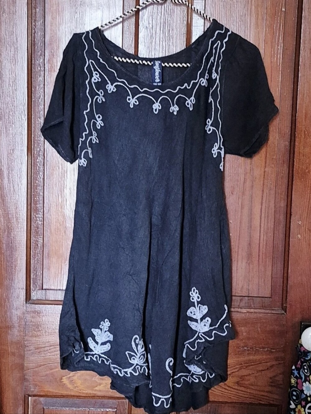 Sunflower Embroidered Floral Black Top Free Size